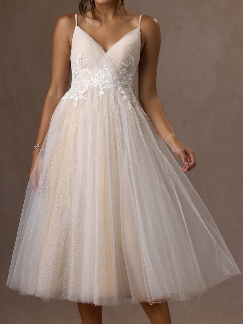 Azazie Liana Diamond white Champagne A-Line V Neck Midi Dress